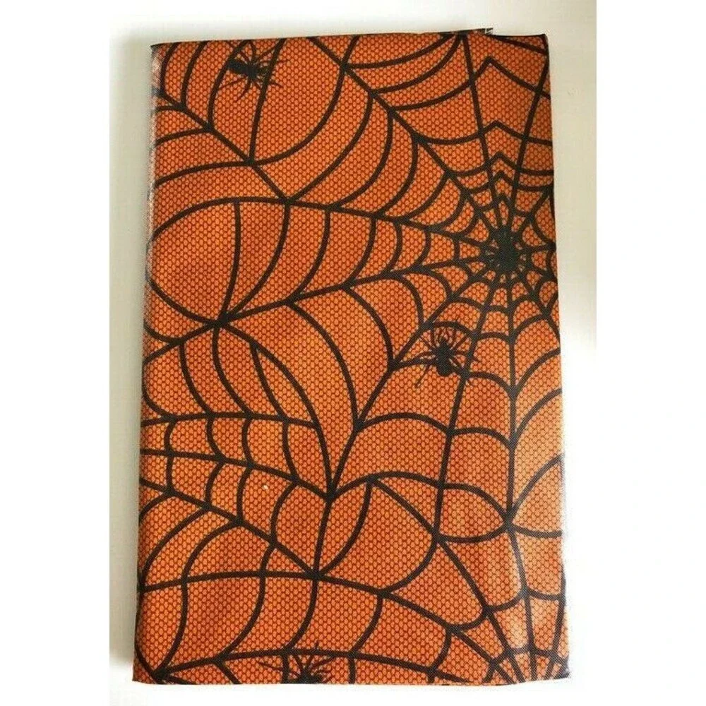 Haunted Halloween Tablecloth Vinyl Flannel Backed Spider Webs Orange 52X52